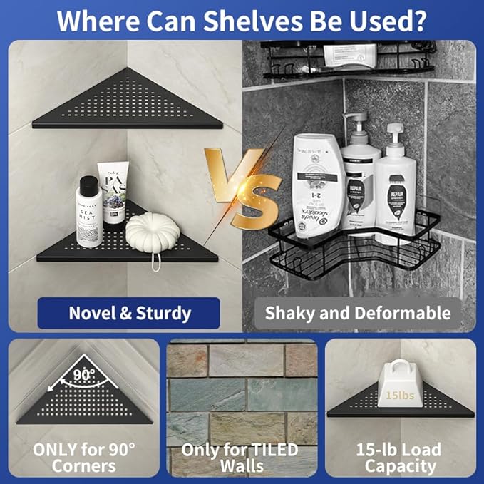 Corner Shower Shelves, 10" Matte Black 304 Stainless Steel Recessed Shelf for Bathroom, Grout in Shelf for Tiled Wall 2 Pack, No Drilling Needed
