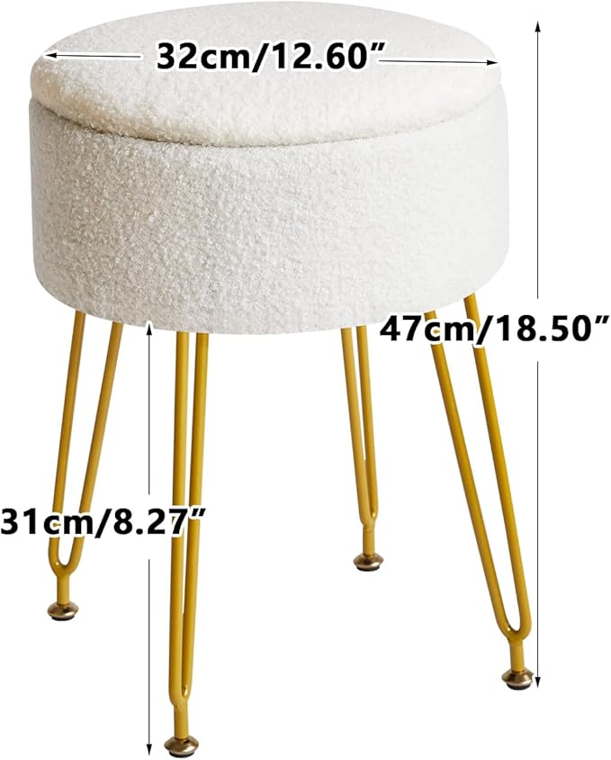 IBUYKE Teddy Velvet Storage Footrest Stool Ottoman, Makeup Vanity Stool Side Table with Removable Cover, Golden Steel Legs, Coffee Table Top Cover, White WBD010W