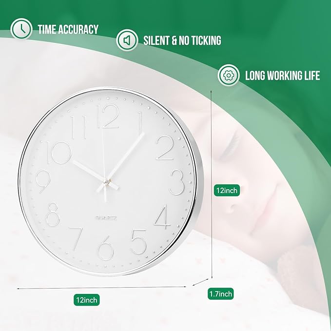 Wall Clock 12 Inch Non-Ticking Silent Modern Simple Style Round Decor Clock Silver Stereoscopic Dial Quartz Wall Clocks for Home/Office/School/Living Room/Bedroom/Kitchen