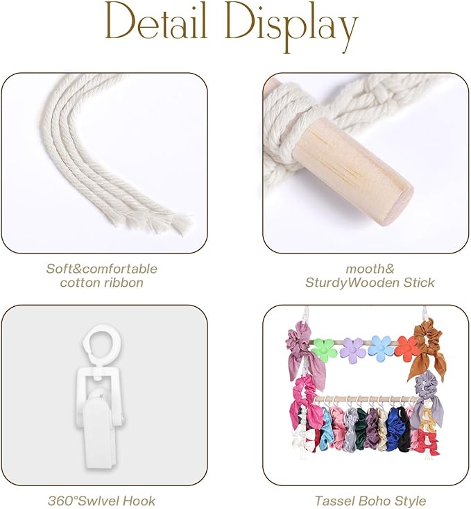 Macrame Hair Claw Clip Organizer, Hanging Bow Hanging Hair Clip Holder and Storage for Women Girls Hair Accessories, Boho Wall Decor, Suitable Home Door Closet Bedroom Decor
