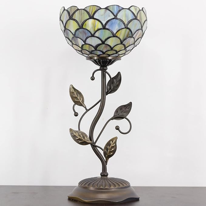 Small Tiffany Lamp Stained Glass Table Lamp Uplight Accent Lamp with Metal Leaf Base Yellow Fish Scales Style Desk Light 8X19 Inch for Home Office Living Room Bedroom
