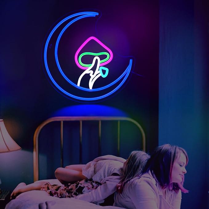 Mushroom Moon Neon Sign Led Neon Signs for Wall Decor Blue Light Up Sign Preppy Girls Room Decor USB Powered