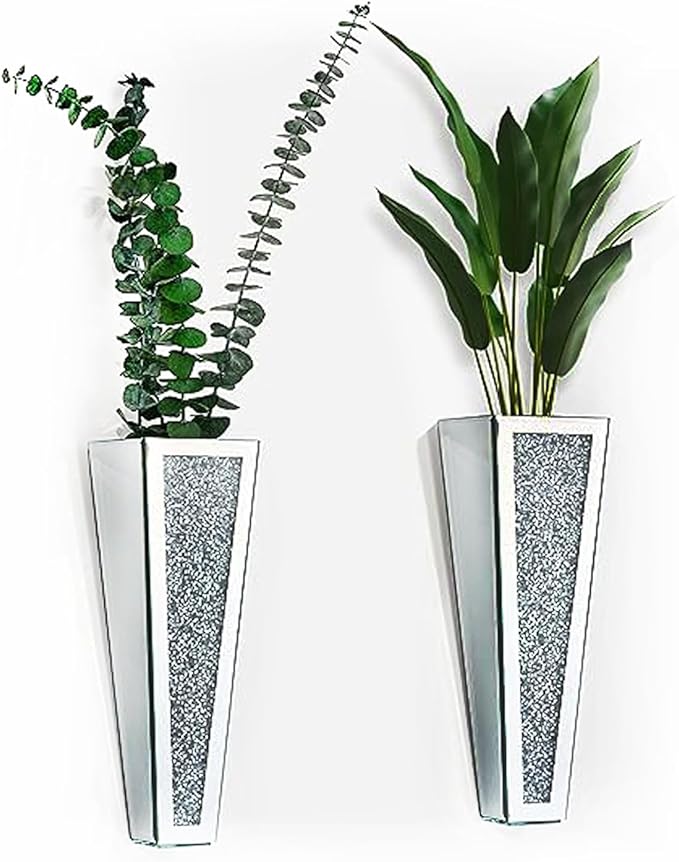 Crystal Wall Vase Hanging Flower-vase - Silver Crushed Diamond Mirrored Container Flower Vase Home Decor for Living Room, Dining Room, Bedroom, Set of 2 (11.2 Inch High) Wittolins