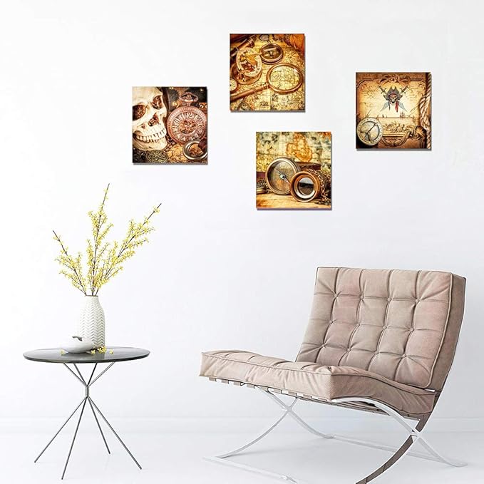 Pirate ship compass Restoring ancient ways Wall Art for living room Canvas Prints Artwork bathroom Wall Decor Watercolor painting 4 Piece Framed bedroom wall decorations Office Home Decoration