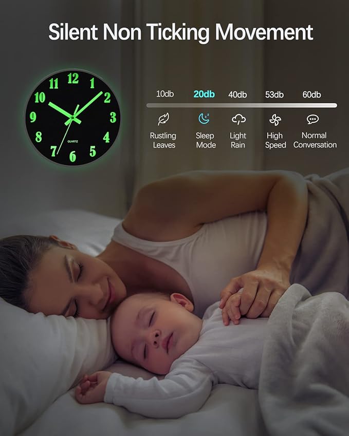 JoFomp Modern Night Light Wall Clock, 10 Inch Silent Non-Ticking Quartz Wall Clocks, Glow in The Dark Battery Operated Decorative Wall Clock for Bedroom, Kitchen, Living Room(10 inch)