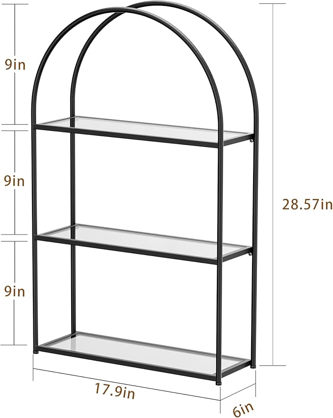 Crofy Black Arched Frame Wall Shelf, Decorative 3 Tier Bathroom Wall Shelf with Transparent Tempered Glass Shelves and Robust Storage Capacity, 6" D x 17.9" W x 28.57" H