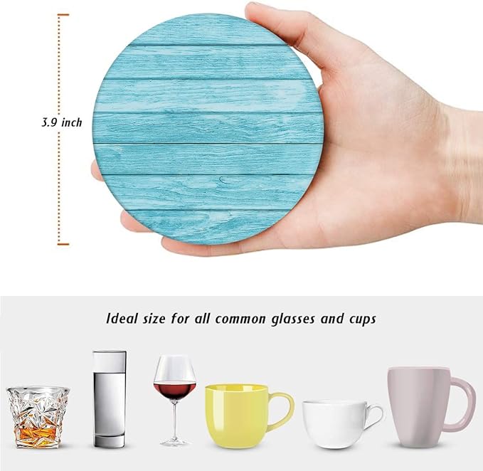 Britimes Coaster for Drinks Set of 6, Wooden Planks Blue Wood Paint Table Absorbent Round Ceramic Stone Mat, with Cork Base and Metal Holder, Gift for Housewarming Room Bar Decor