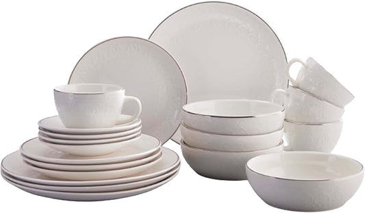 Corona 20–piece Silver-Rim Elegant Embossed Floral Pattern Ceramic Dinnerware Sets, Plates Bowls and Cups, Service For 4, Harmony