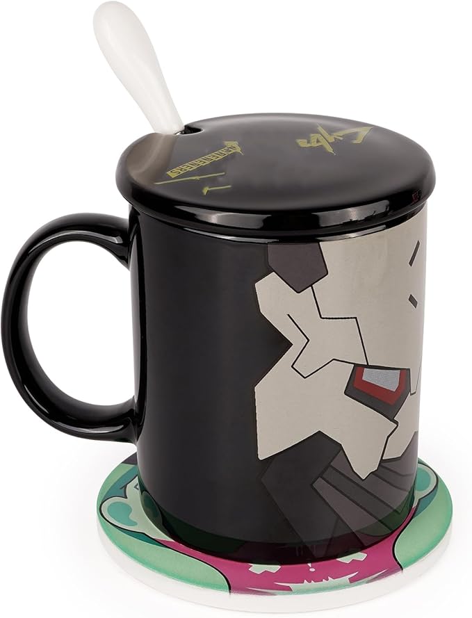 12oz Ceramic Mug Set - 4-piece Coffee Mugs with Lid, Coaster & Spoon - Perfect for Fans of Cyberpunk Aesthetic &Sci-Fi (Black)