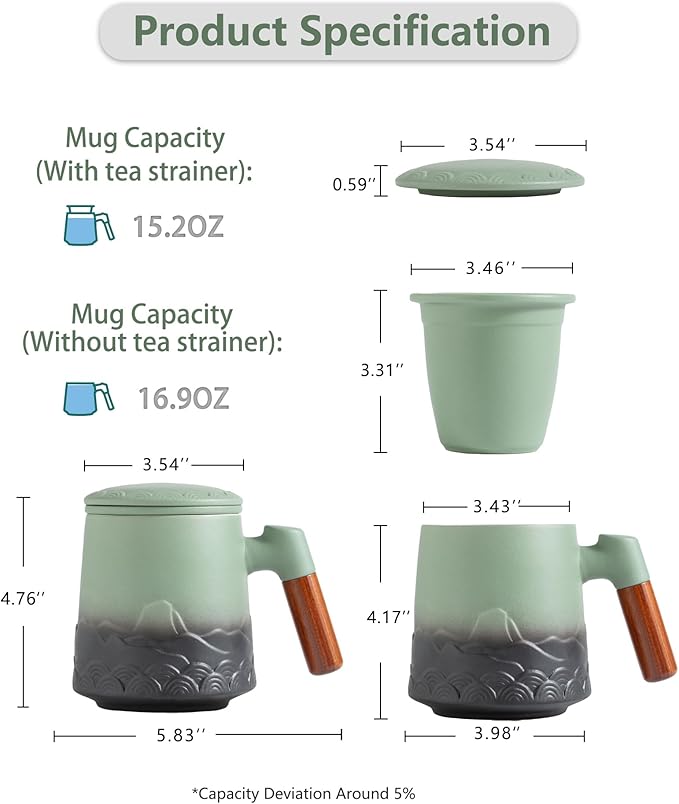 ZENS Tea Mug with Infuser and Lid for Loose Leaf Tea Steeper, 16.9 oz Embossed Ceramic Tea Cup with Fine Strainersand Wood Handle,Tea Diffusers Accessories for Tea Lovers Gifts