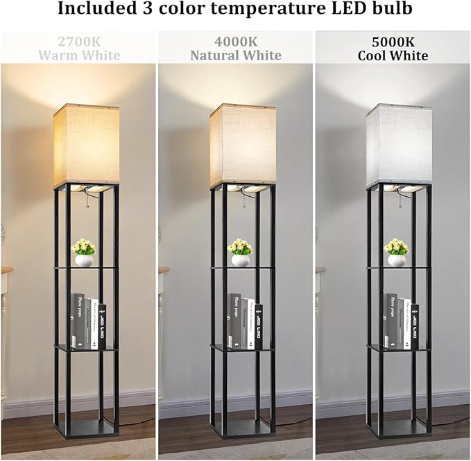 Dott Arts Floor Lamp with Shelves, Floor Lamps for Living Room Decor Display Shelf Lamps with 3 Color LED Bulb, Modern Floor Lamp for Bedroom Standing Lamp for Living Room Office,Home Decor(Black)
