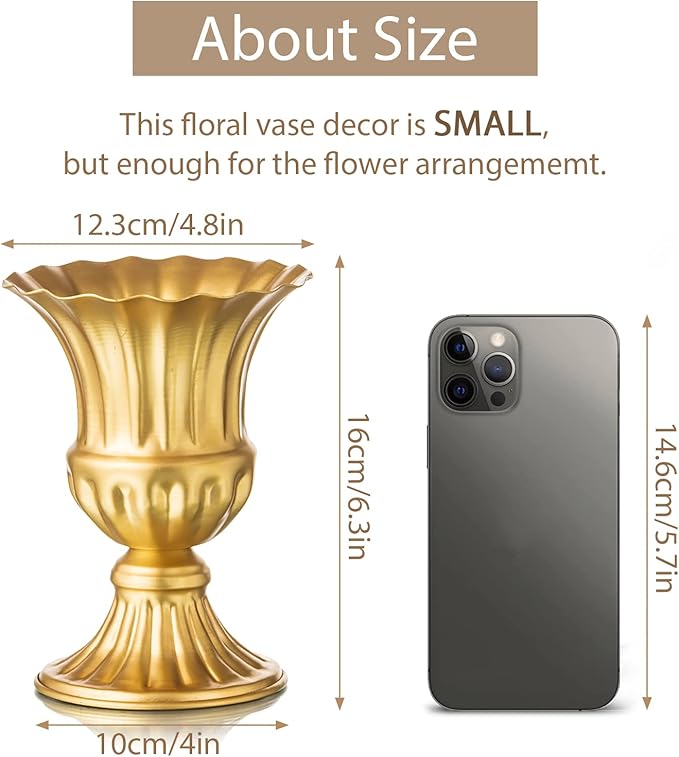 Sziqiqi Metal Flower Arrangements Pot for Wedding Table Centerpiece - Gold Planter Vase Pot for Artificial Real Flower Small Trumpet Plant Urn 6.3in