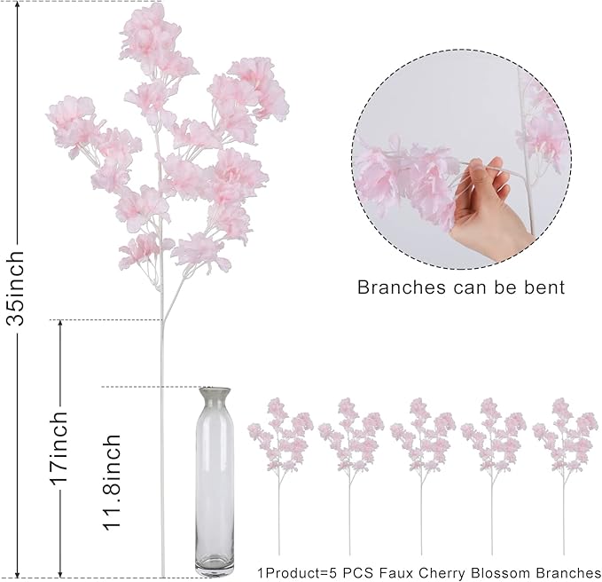 Pusuny 5PCS Artificial Pink Cherry Blossom Branches Decor, 35 Inch Faux Cherry Blossom Flowers for Tall Floor Vase Used as Wedding Home Decoration, Faux Pink for Dinner Table Centrepiece