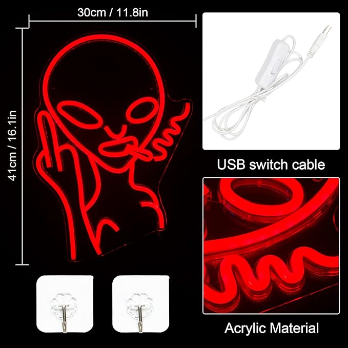 Red Alien LED Neon Signs, Shop Bar Pub Man Cave, Hip Hop Party Signs For Game Room and Bedroom Wall Decor