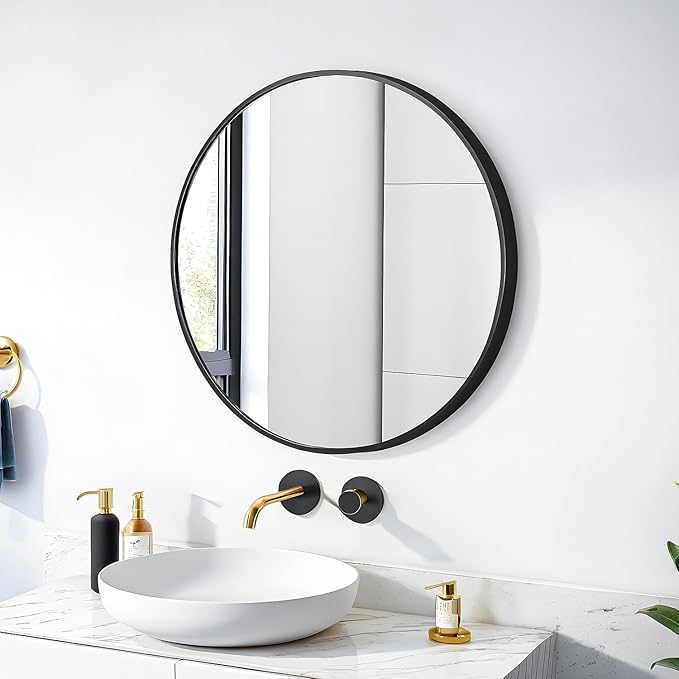 20" Round Mirror Circle Wall Mounted Hanging or Against Wall Metal Frame Dressing Make-up Mirrors for Entryway Bedroom Bathroom Living Room 20 inch Black