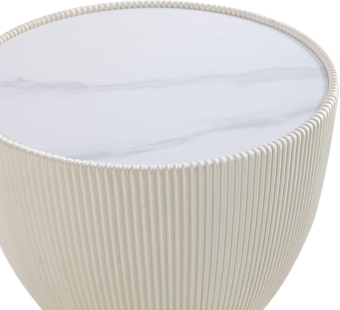 Manhattan Comfort Anderson Modern 18" Round End Table 2.0 | Ceramic Marble Tabletop, Elegant Pleated Leatherette Design & Gold Stainless Steel Base, Fully Assembled Accent Furniture, Set of 2, Cream