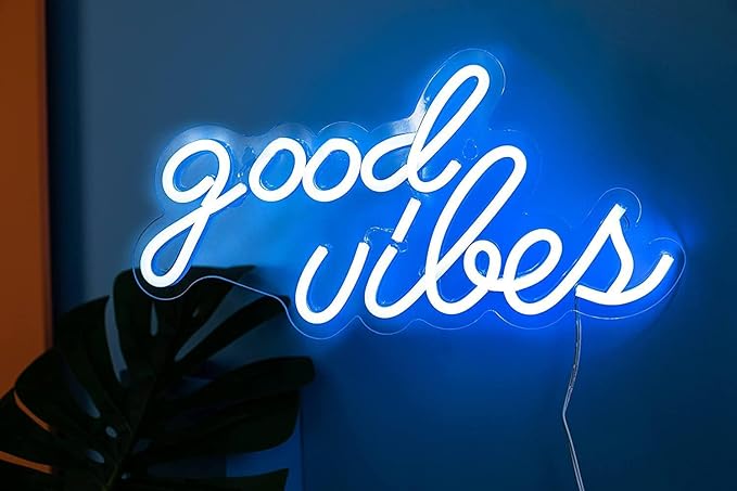 DECANIT Good Vibes Neon Sign for Bedroom Wall Decor Powered by USB Neon Light, Ice Blue Color,16.1"x8.3"x0.6"