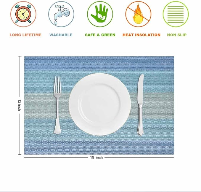 GIVERARE Placemats Set of 4, Heat-Resistant Woven Vinyl Placemat, Non-Slip Washable PVC Table Mat, Easy to Clean Premium Plastic Mats for Dining, Kitchen Table (Light Blue)