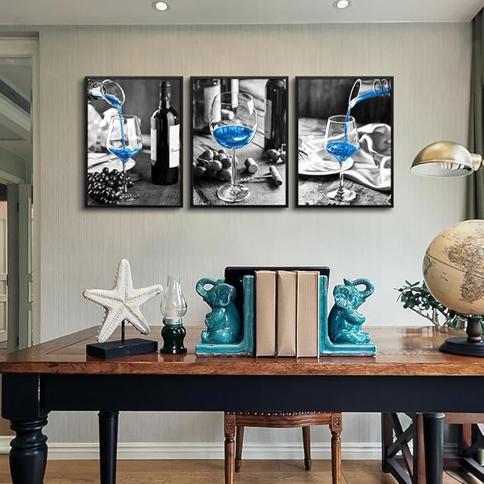TTHYUEWS Large Black Framed Wall Art for Kitchen Modern Wall Decor for Dining Room Blue Wine Glasses Pictures Prints Artwork Black and White Wall Paintings Ready to Hang for Restaurant Home Decor
