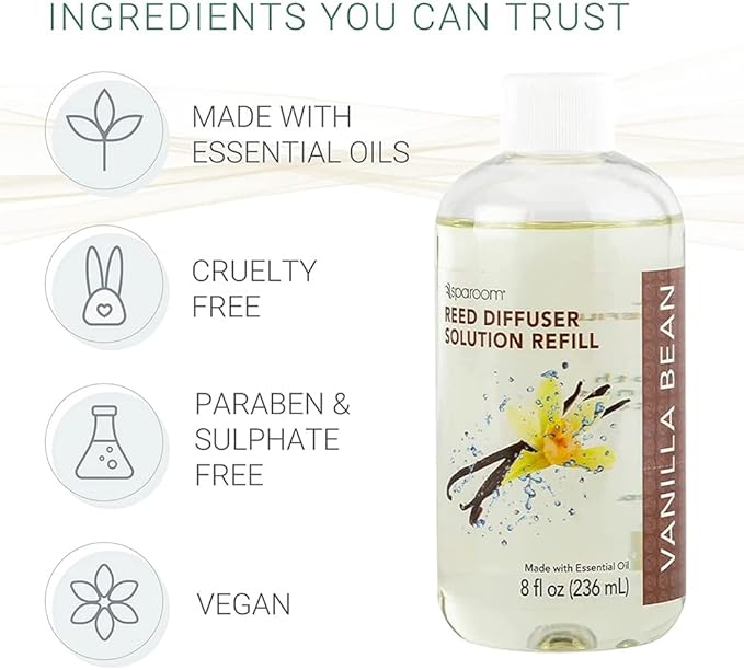 SpaRoom Reed Diffuser Oil Refill – Vanilla Bean Scent, 8oz Cozy Blend for Warmth and Comfort, Smooth and Sweet Aroma for Bedrooms, Lounges, or Relaxing Spaces, Long Lasting Ambient Scent