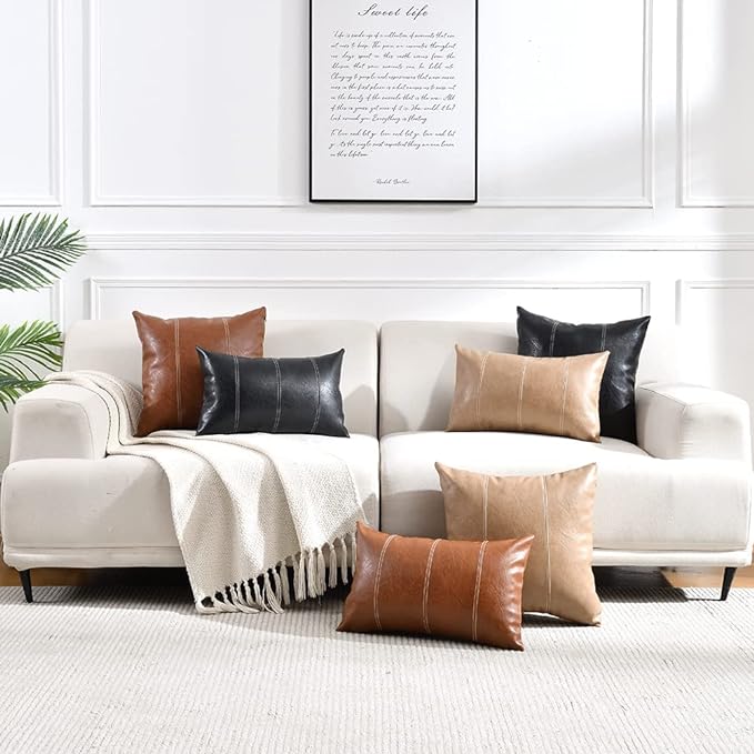 Fancy Homi Brown 26x26 Pillow Covers Set of 2, Euro Pillow Covers, Big Throw Pillow Covers for Couch Bed Bedroom Living Room, Cognac Brown Faux Leather Hand Stitched Square Cushion Case 66x66 cm