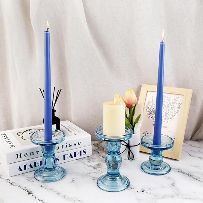 3-Piece Set of Blue Glass Candlestick, Crystal Candlestick Holder Holder and Conical Candle, Christmas Candle Holder Decoration, Family Living Room Wedding Candle Holder (Blue)