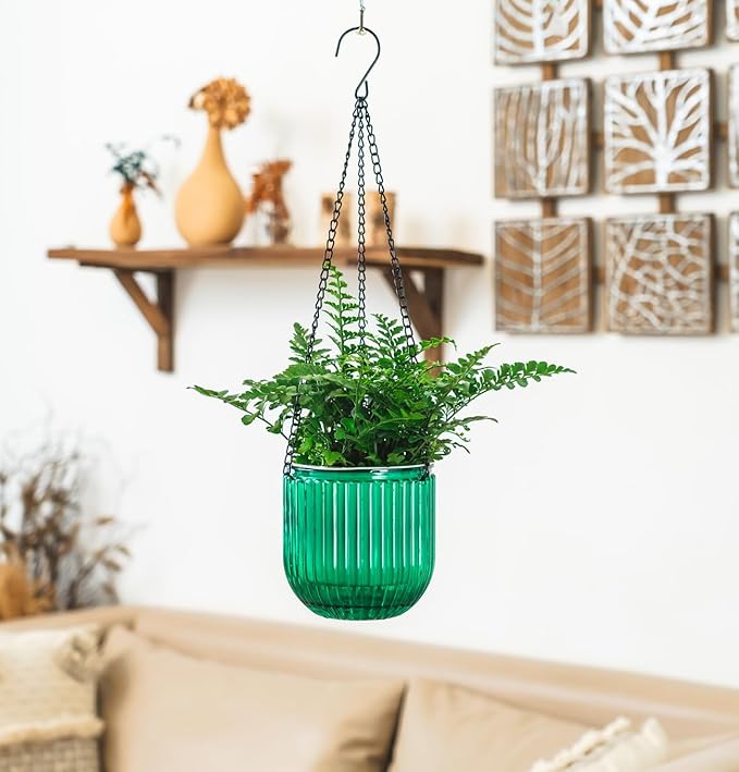 Melphoe 2 Pack Self Watering Hanging Planters Indoor Flower Pots, 5.3 Inch Outdoor Hanging Basket, Plant Hanger with 3Hooks Drainage Holes for Garden Home (Emerald)