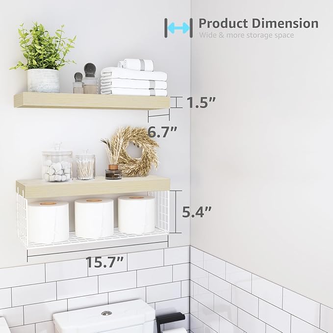 QEEIG Bathroom Shelves Over Toilet - Wall Mounted Floating Shelves Toilet Paper Storage Small Farmhouse Decor Shelf 16 inch Set of 2, Natural (019-BNW2)