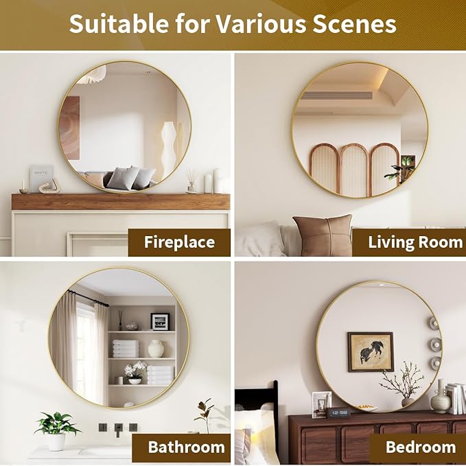 Gold Round Mirror, 42 Inch Bathroom Mirror with Metal Frame, Wall Wall-Mounted for Entryway, Bathroom, Vanity, Living Room