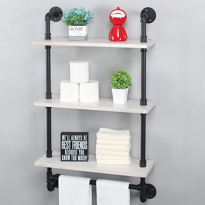 Industrial Pipe Shelving,Iron Pipe Shelves Industrial Bathroom Shelves with Towel bar,24in Rustic Metal Pipe Floating Shelves Pipe Wall Shelf,3 Tier Industrial Shelf Wall Mounted,Black & White