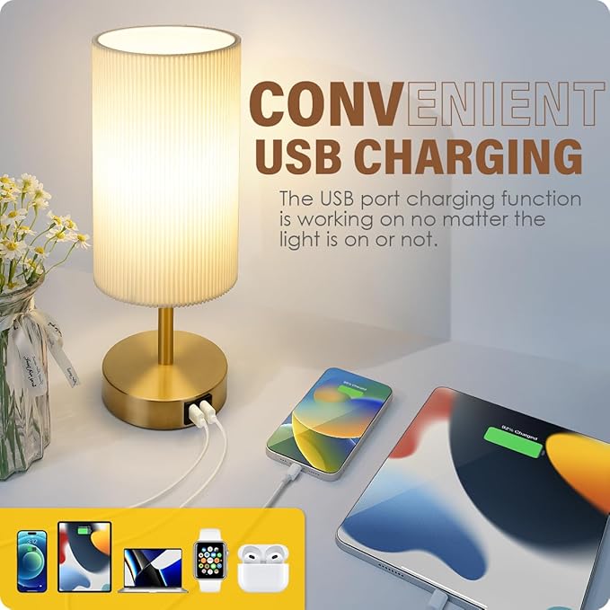 Yarra-Decor Bedside Lamp with USB A+C Charging Ports Set of Two - Touch Control Table for Bedroom Wood 3 Way Dimmable Nightstand Round Pleated Shade Home Office (LED Bulb Included)