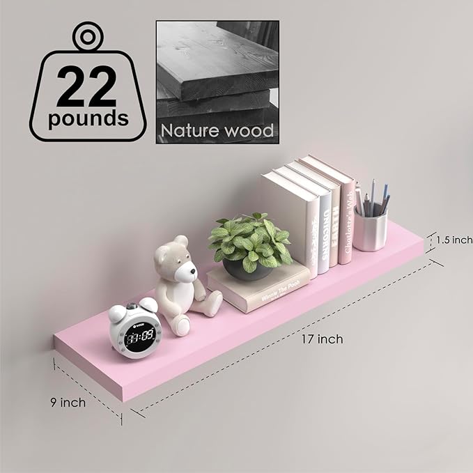 Pink Floating Shelves for Wall - 17 Inch Natural Wood Shelves for Bathroom, Bedroom, Kitchen Decor, Farmhouse Decor Set of 2