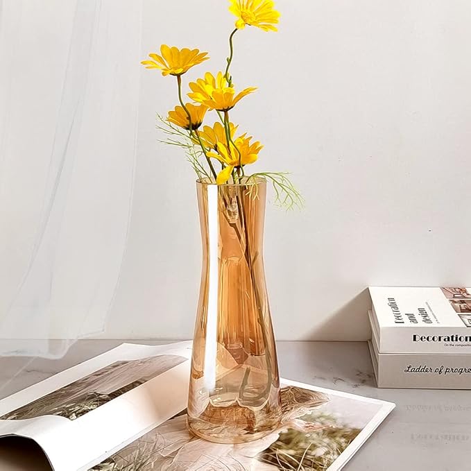 Aoderun Flower Vase for Decor 10" Clear Glass Vase for Centerpieces Large Vases for Flowers Dried Flower Home Decor Living Room Kitchen Office Wedding(Amber)