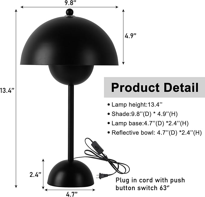 COSYLUX Modern Small Table Lamp for Bedroom, Cute Dome Shade Reflecting Light Reading Lamp for Living Room, Kid's Room, Study, Office, Beside Bedside Nightstand Desk Lamp(Black)