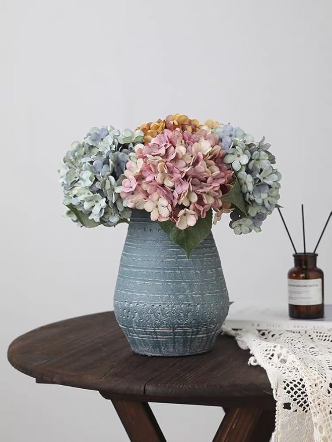 Kimura's Cabin Fake Flowers 6pcs Artificial Silk Hydrangea Flower Bouquets Faux Hydrangea Stems for Home Wedding Party Table Core Autumn Garden Halloween Decoration (Deep Lake Blue, Pack of 6)