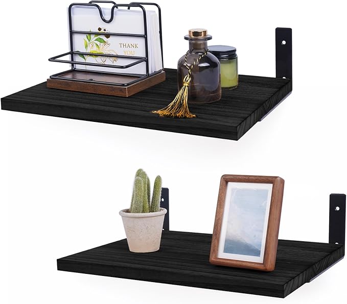 Floating Shelves for Wall,12 Inch Deep Floating Shelf with Brackets,Wood Wall Shelves,Wall Mounted Bookshelf for Living Room,Bedroom,Kitchen,Office,Storage and Display Shelf Set (Black)