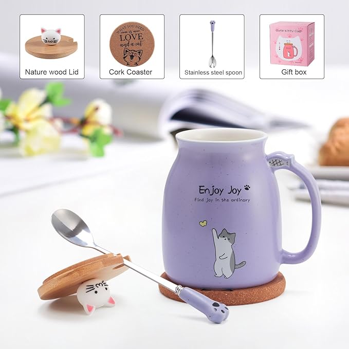 Cute Cat Cup Ceramic Coffee Mug with Kawaii Cat Wooden Lid, Lovely Stainless Steel Spoon, Anime Kitty Thicken Wooden Coaster, Christmas Birthday Cute Thing Japanese Mug 16oz (Purple)