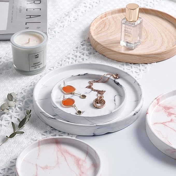 Elegant Marbled Round Jewelry Dish Key Holder, White Ceramic Vanity Tray Bathroom Organizer for Soap Perfume Candle Small Plant, Mini Dresser Organizer Home Decor(Grey Striped, Circular, 4.7")