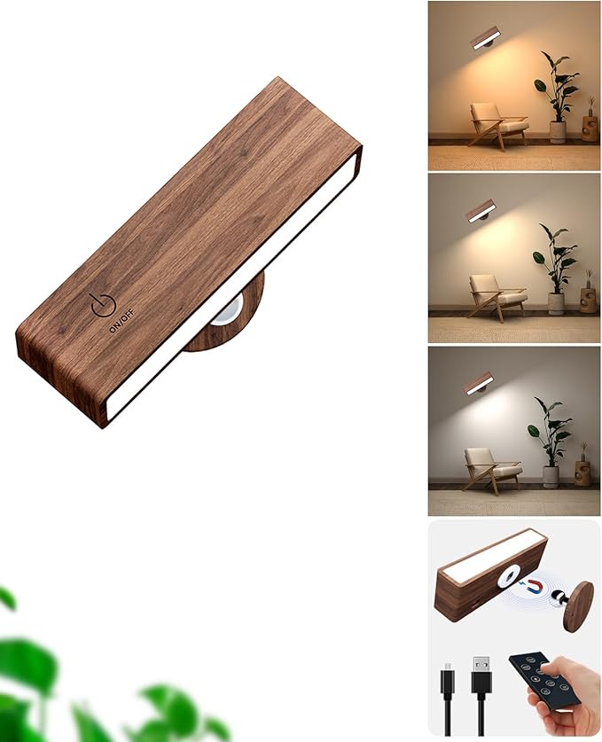 YiLaie Battery Operated Wall Sconce with Remote Control, Rechargeable Wall Lights for Bedroom,Wood Wall Lights Dimmable,Wireless Wall Mount Lamp with 3 Color Temperature for Bedroom,Bedside Reading