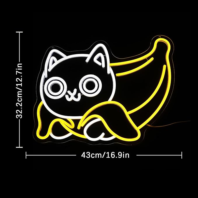 Cat Neon Sign for Wall Decor Banana Neon Light USB Powered LED Neon Sign Yellow LED Neon Light for Bedroom Zoo Pet Shop Cat House Decoration(16.9"*12.6")
