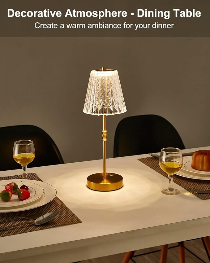 Cordless Table Lamp, 2500mAh Rechargeable Battery Operated Portable Lamp, Dimmable+3 Colors LED Touch Control, Vintage Crystal Lamp for Bedroom, Kitchen, Bar, Office