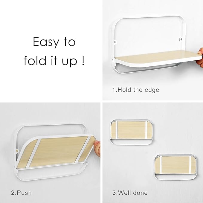 WELLAND Arlington Floating Shelves Set of 2 | Folding Display Wall Shelves | Walnut Grain Wooden Board & Metal Frame | 12" W x 5" D x 7" H | White (Upgraded)