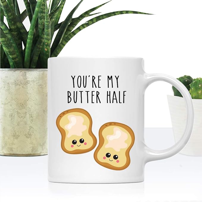 Andaz Press Valentine’s Day Funny 11oz. His Her Couples Coffee Mug Gift, You're My Butter Half, Bread Graphic, 1-Pack, Gift Box