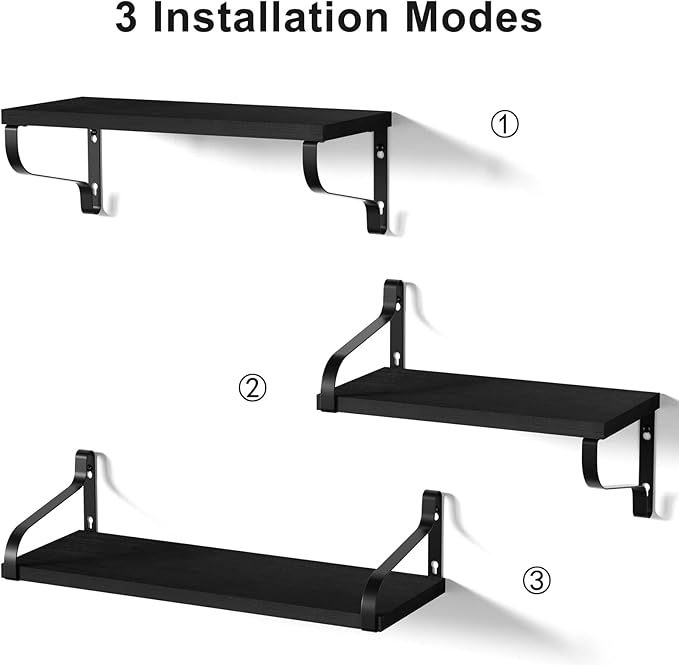 Love-KANKEI Floating Shelves Wall Mounted Set of 3, Large Wood Wall Shelves for Storage, Rustic Shelves for Display Bathroom,Bedroom,Living Room,Kitchen,Office and More Black