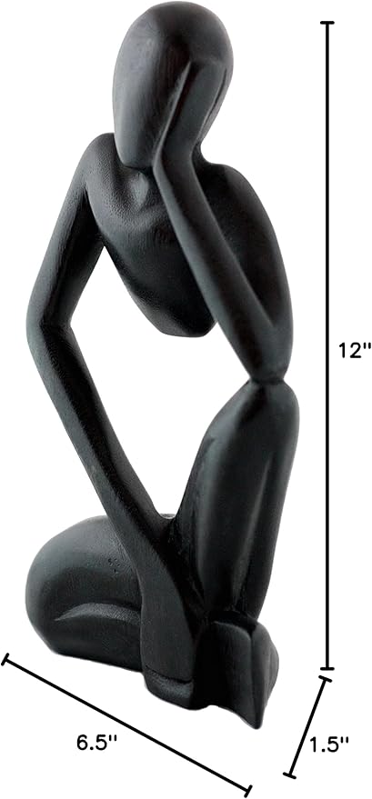 12" Wooden Handmade Abstract Sculpture Thinker Statue Handcrafted - Thinking Man - Gift Art Modern Decorative Unique Home Decor Figurine Accent Decoration Artwork Hand Carved (Black)