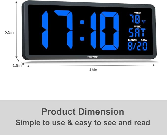 YORTOT 16 Inch LED Wall Clock with 7 Color Decor Night Light Big LED Clock with Indoor Temperature, Date, Auto DST, 12/24Hour, Wall Mount/Foldable Stand