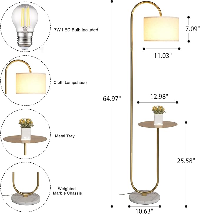 Hsyile KU300271 Arc Floor Lamp with Hanging Drum Shade for Living Room-Marble Base Modern Tall Stand Up Light with Table, Contemporary Over The Couch Gold Lamp Standing Lamps for Bedroom Office
