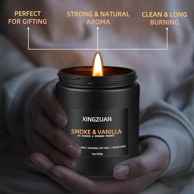 2PCS 10% Essence Smoky Vanilla Candle Set | Leather Scented Candle | Men's Room Decor | Black Soy Candle with Wood Wick | Long Lasting 45 Hour Time | Ideal for Man Cave, Bedroom, or Officec
