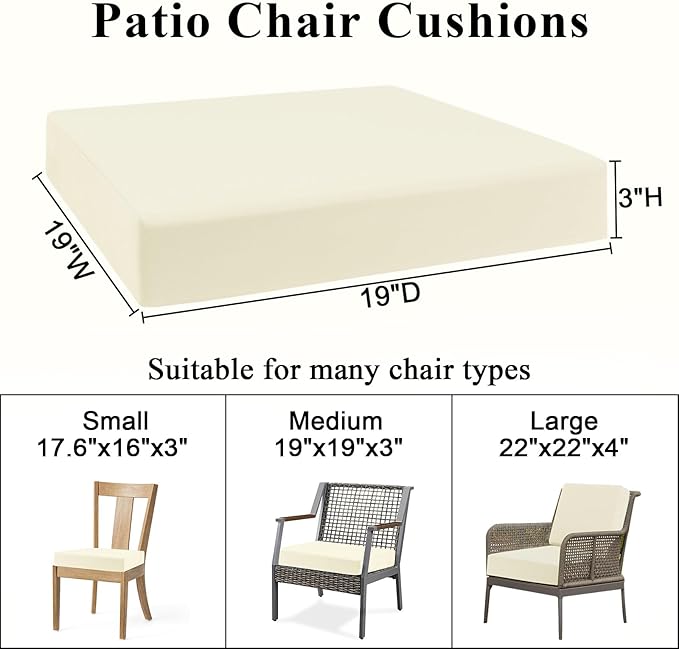 Topotdor Patio Chair Cushions Set of 2,Waterproof Outdoor Chair Cushions with Fade Resistant Removable Cover with Adjustable Straps for Patio Furniture Garden Sofa Couch,19"x19"x3" Beige