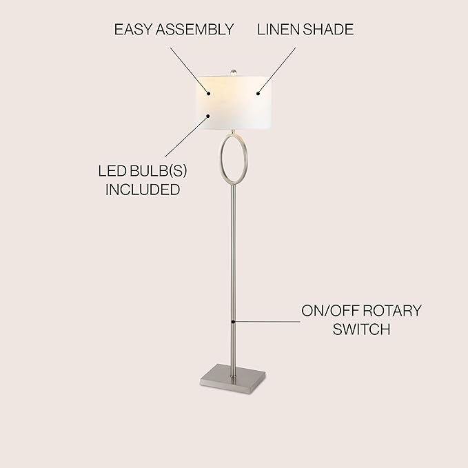 Jonathan Y JYL1089C April 61" Metal Modern Contemporary LED Floor Lamp, Modern, Contemporary, Glam, Traditional, Office, Living Room, Family Room, Dining Room, Bedroom, Hallway, Foyer, Nickel